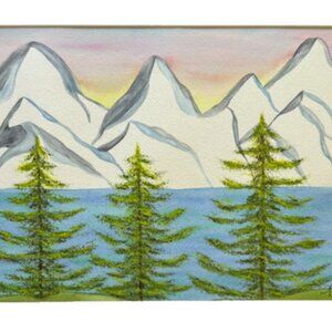 Painting Watercolor Trees River Mountain Sunset Landscape Art 11x14 Mat 16x20